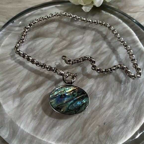 NEW Sterling Silver Large Abalone Shell Pendant Tahitian Peacock Pearl Necklace - Picture 7 of 16